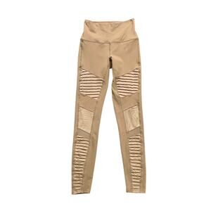 ALO Yoga Leggings Women S Small Beige Moto Mesh Panel Wide Waistband Athletic
